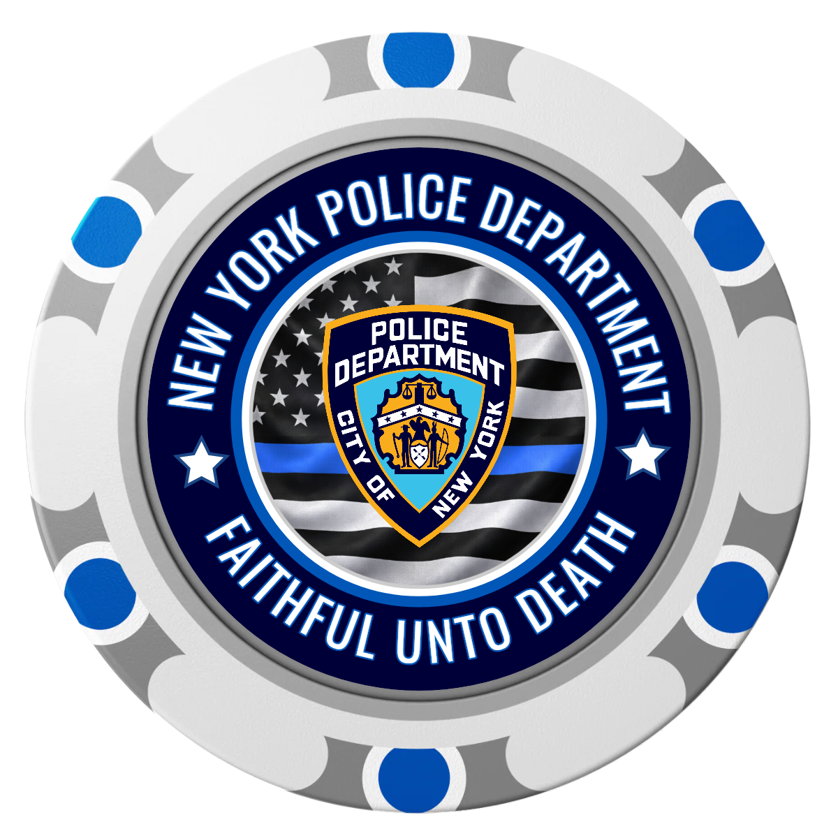 NYPD Safe and Fair Clay Poker Chips - White / Monte Carlo / 40mm - Front