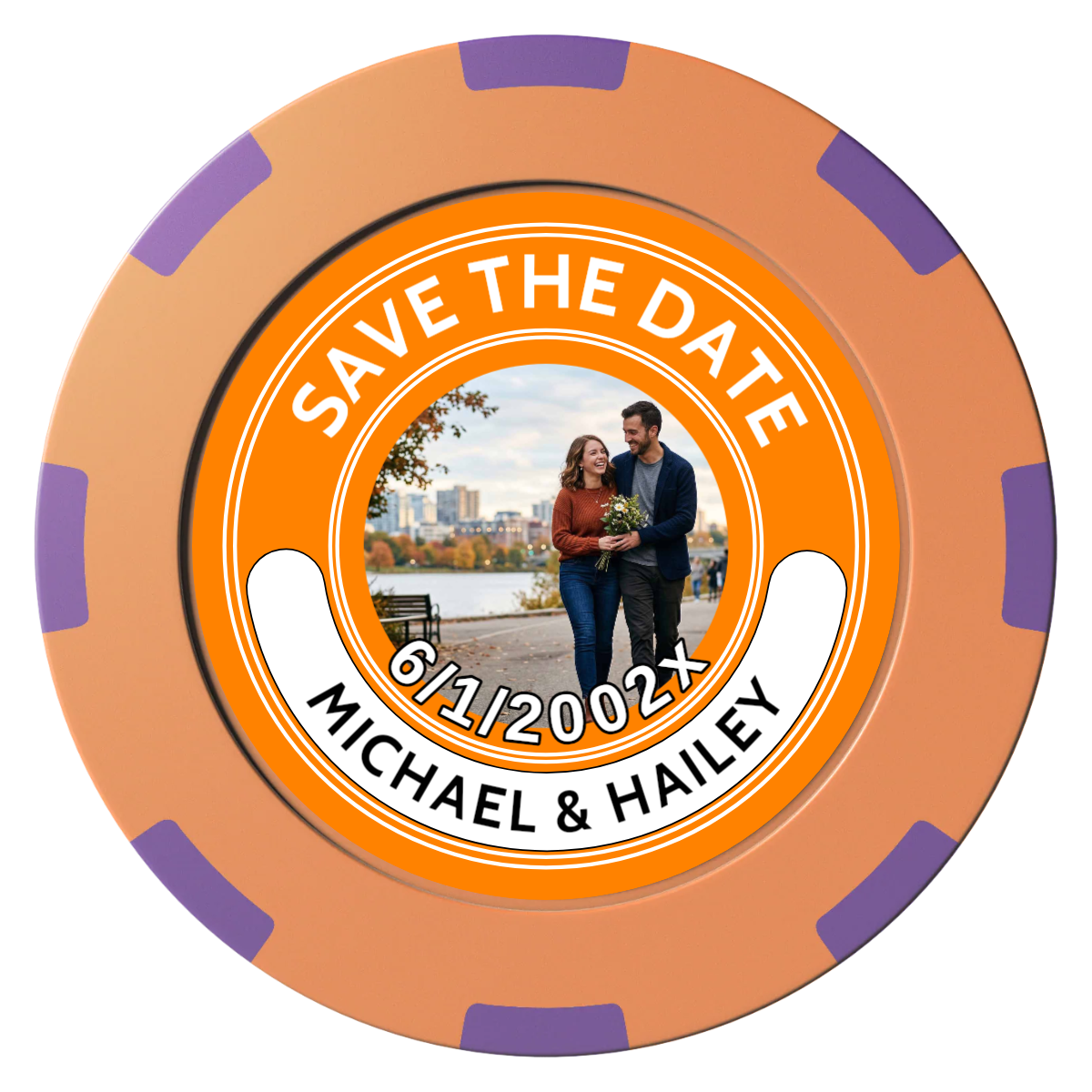 Save the Date Photo QR Code Clay Poker Chips - Orange / 8 Spot (2 Tone) / 40mm - Front