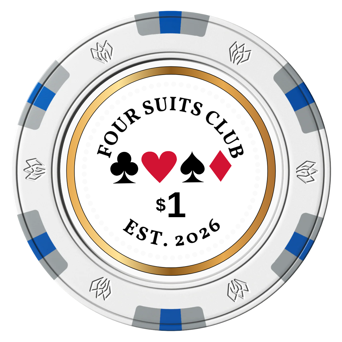 Fours Suits Club Clay Poker Chips - White / 6 Spot Gem / 40mm - Front