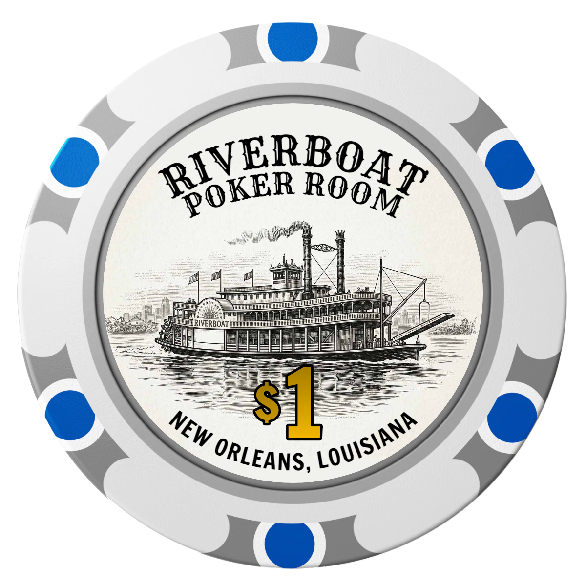 Riverboat Poker Room Clay Poker Chips - White / Monte Carlo / 40mm - Front