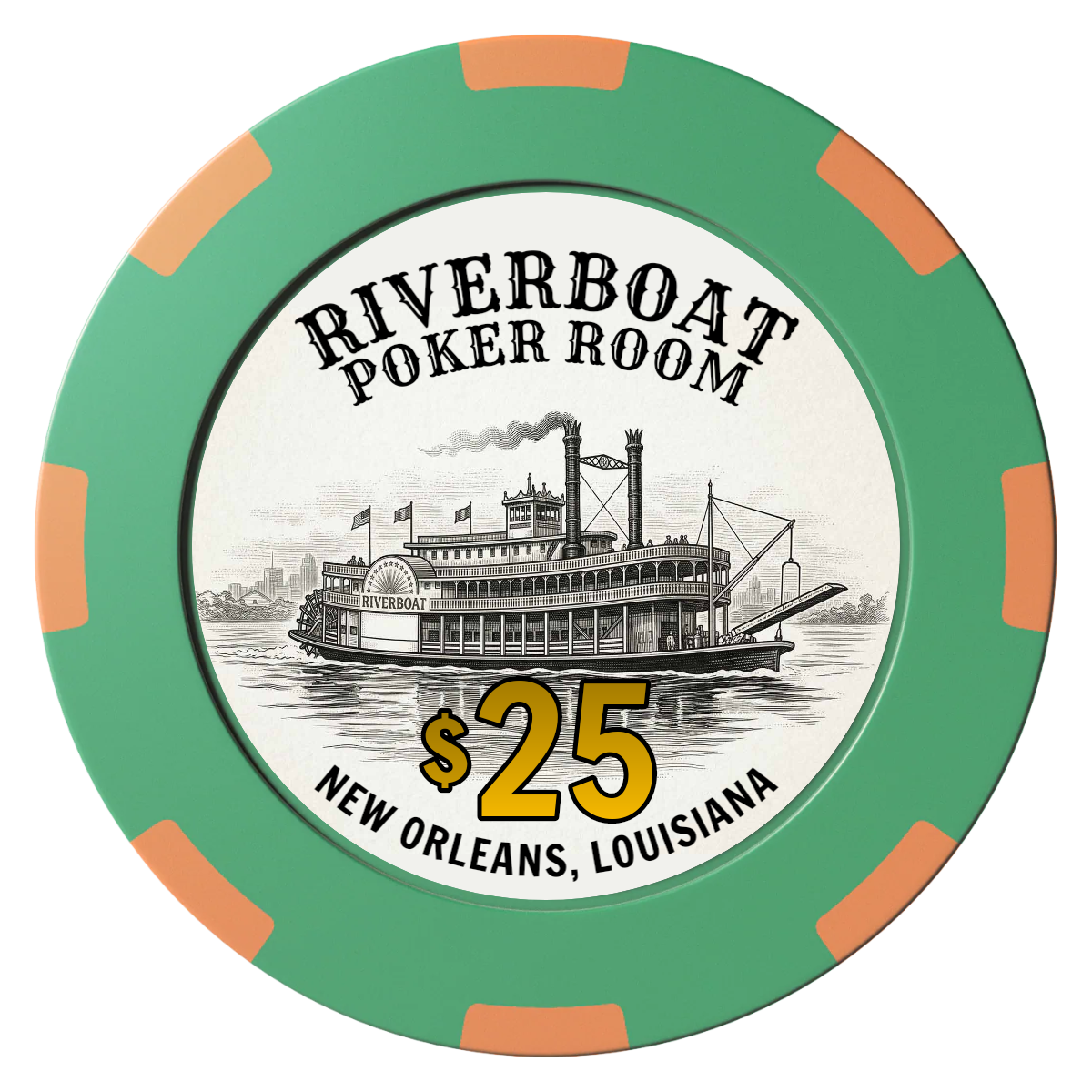 Riverboat Poker Room Clay Poker Chips - Green / 8 Spot (2 Tone) / 40mm - Front