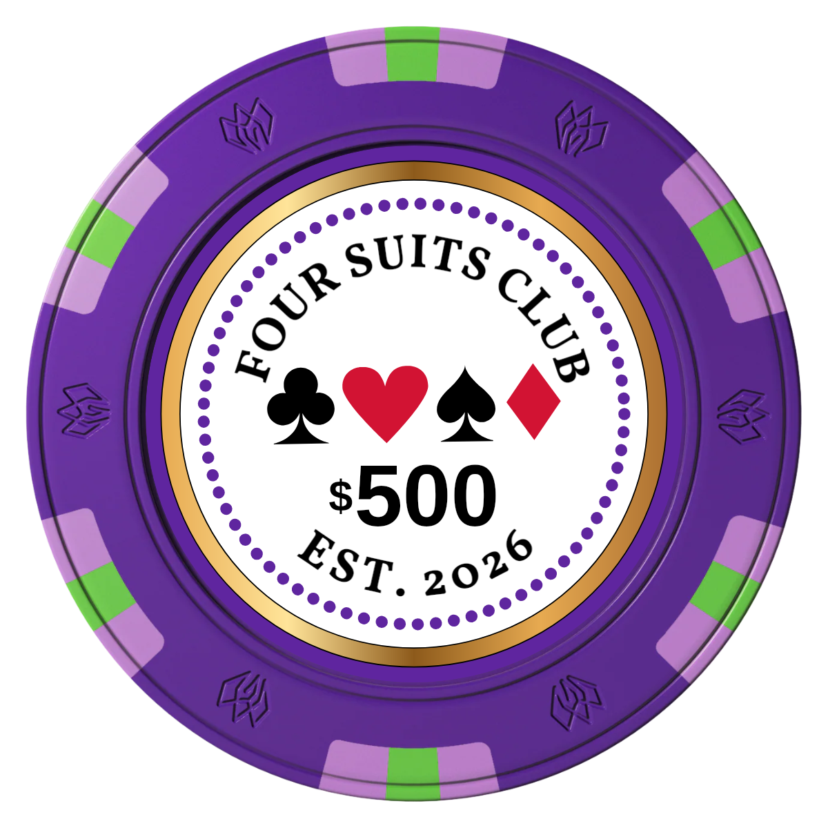 Fours Suits Club Clay Poker Chips - Purple / 6 Spot Gem / 40mm - Front