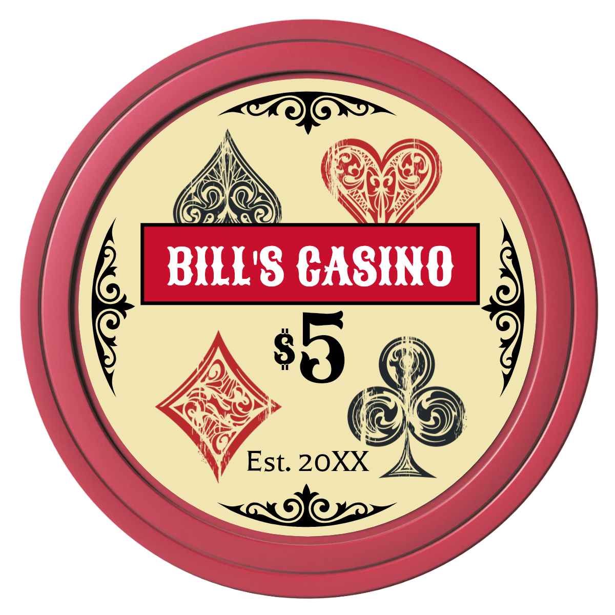 Vintage Four Suits Composite Poker Chips - Red / Solid - Front