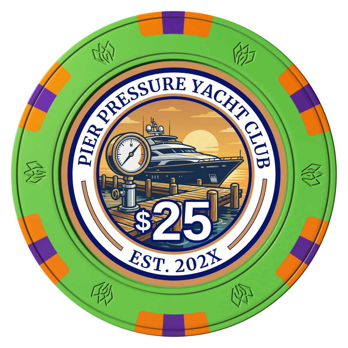 Anchor Down Card Room Clay Poker Chips - Green / 6 Spot Gem / 40mm - Front