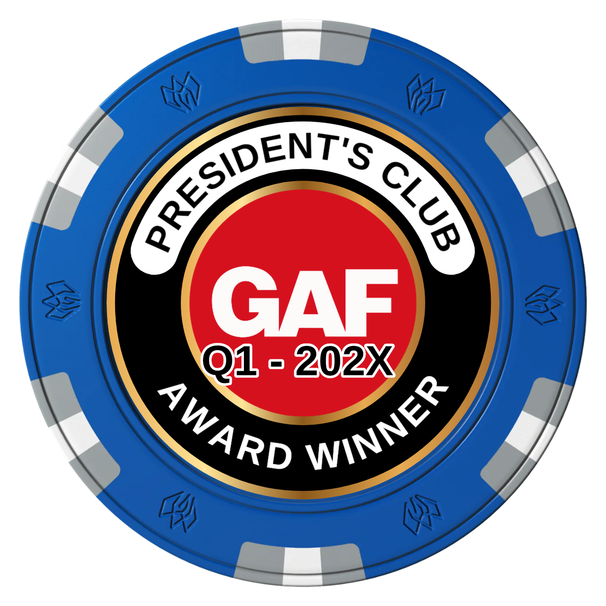 President's Club Clay Poker Chips - Blue / 6 Spot Gem / 43mm - Front