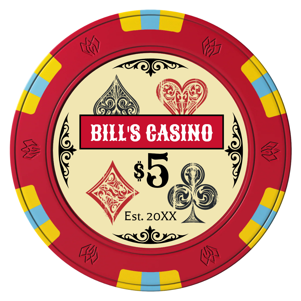 Vintage Four Suits Clay Poker Chips - Red / 6 Spot Gem / 40mm - Front