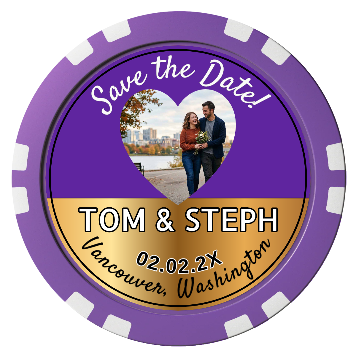 Save the Date Hearts Composite Poker Chips - Purple / Double Stripe - Front