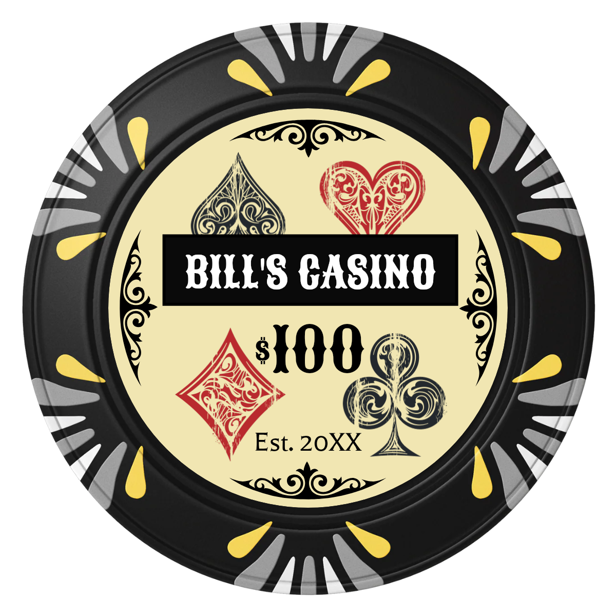 Vintage Four Suits Clay Poker Chips - Black / Macau / 40mm - Front