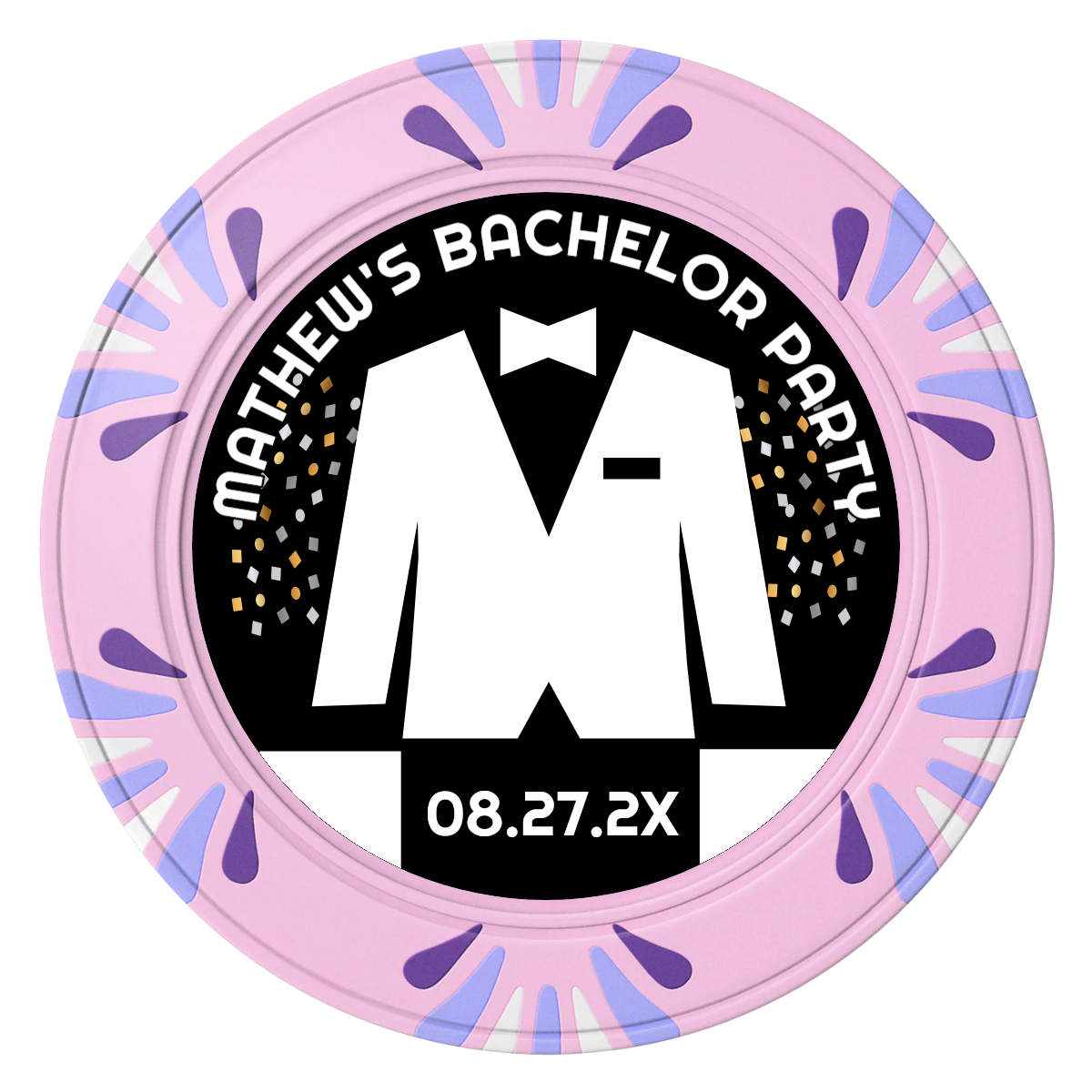 Bachelor No More Bowtie Clay Poker Chips - Pink / Macau / 40mm - Front