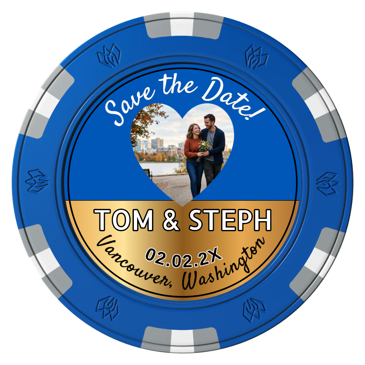 Save the Date Hearts Clay Poker Chips - Blue / 6 Spot Gem / 43mm - Front