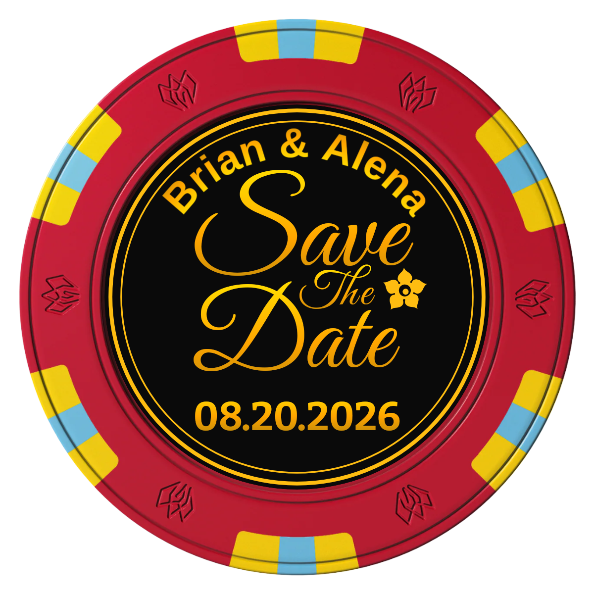 Save the Date Text Clay Poker Chips - Red / 6 Spot Gem / 40mm - Front