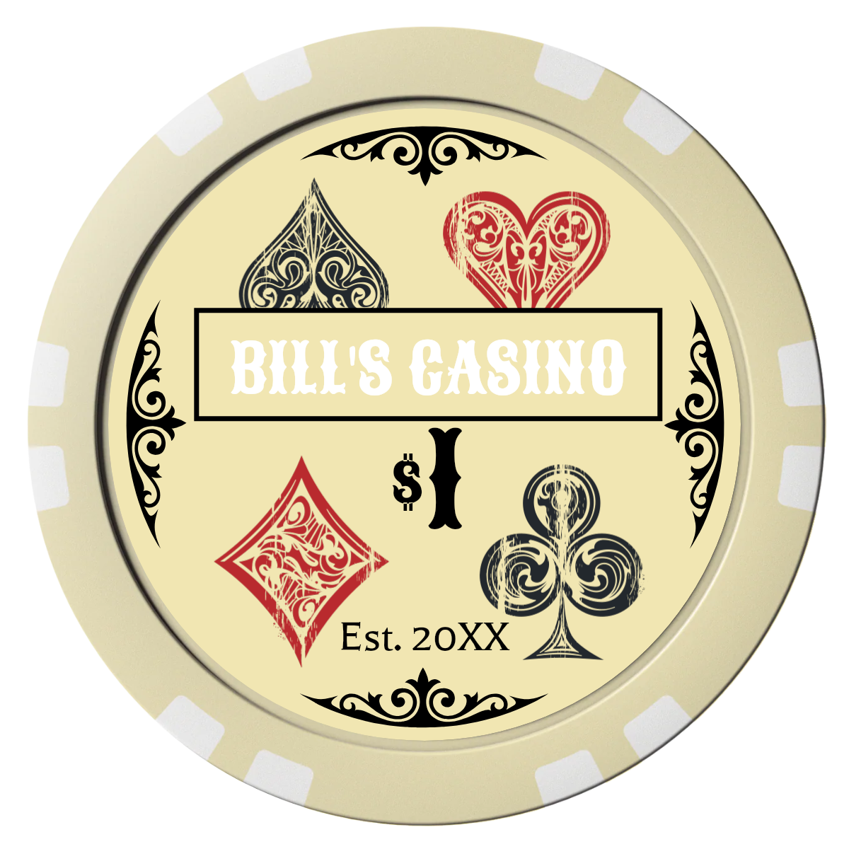 Vintage Four Suits Composite Poker Chips - Ivory / Double Stripe - Front