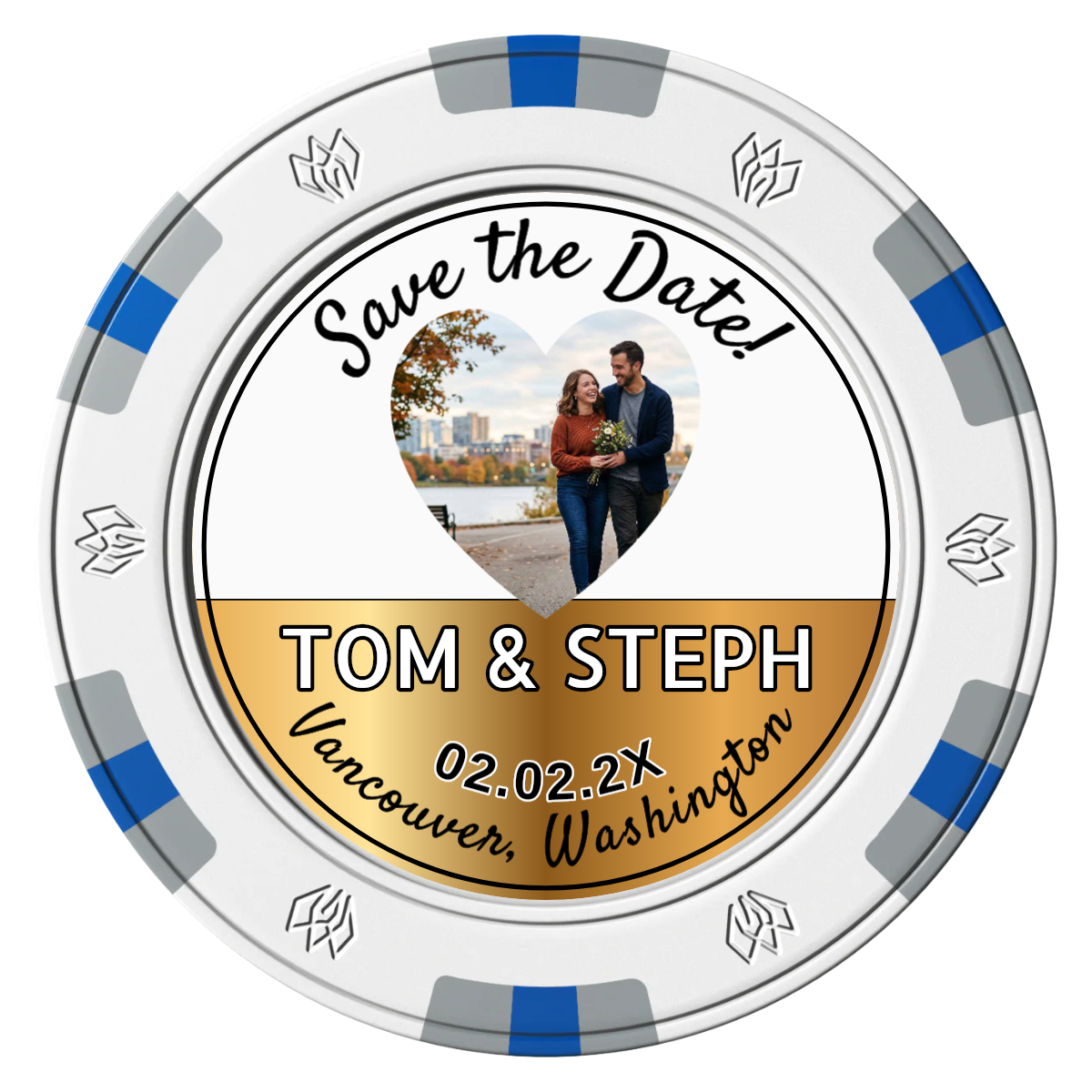 Save the Date Hearts Clay Poker Chips - White / 6 Spot Gem / 43mm - Front