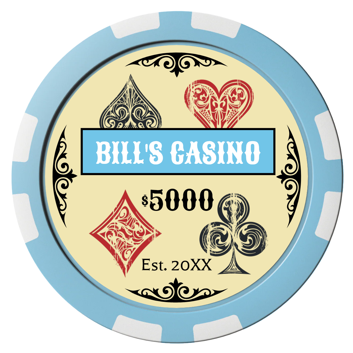 Vintage Four Suits Composite Poker Chips - Light Blue / 8 Stripe - Front