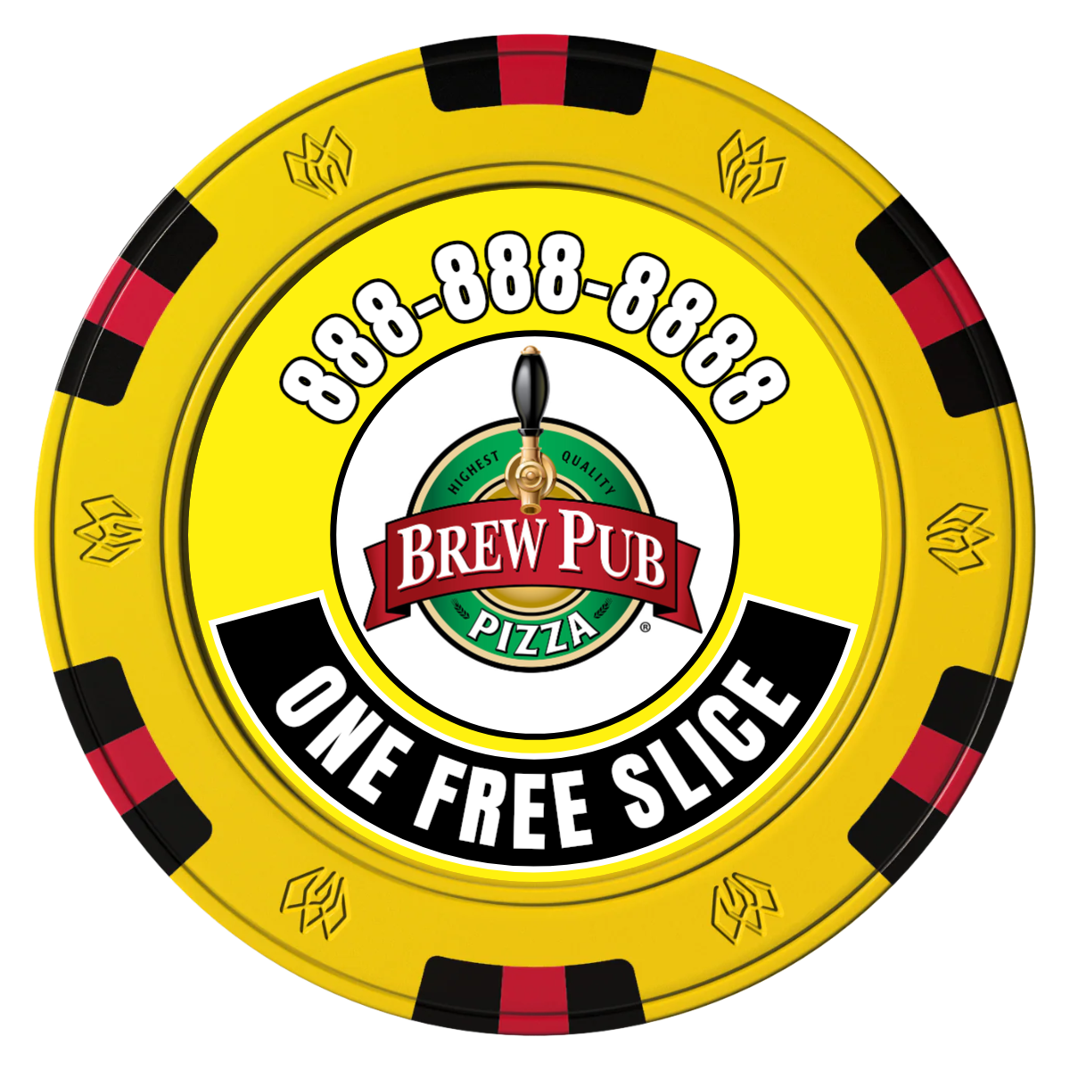 Brew Pub or Pizzeria with Logo Clay Poker Chips - Yellow / 6 Spot Gem / 43mm - Front