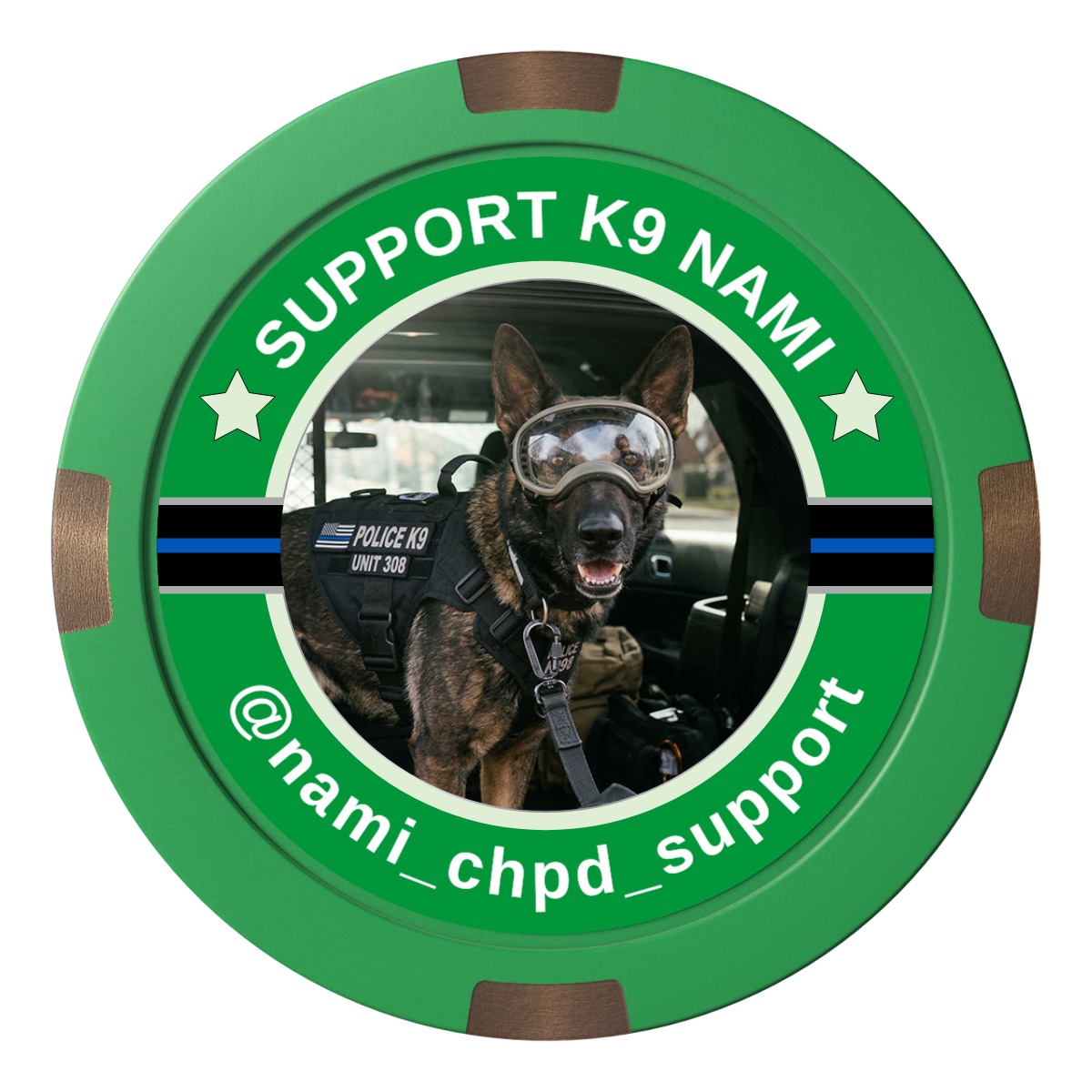 Police Department K9 #02 Composite & Metal Hybrid Poker Chips - Green - Front