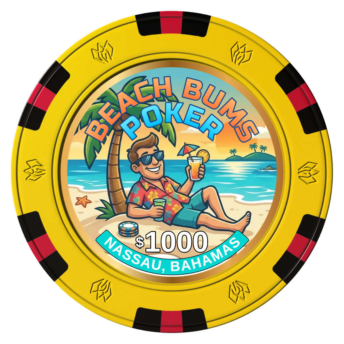 Sandy's Casino Clay Poker Chips - Yellow / 6 Spot Gem / 43mm - Front