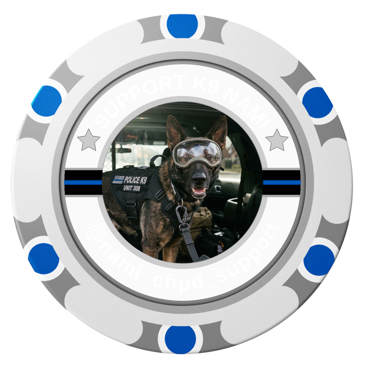 Police Department K9 #02 Clay Poker Chips - White / Monte Carlo / 40mm - Front