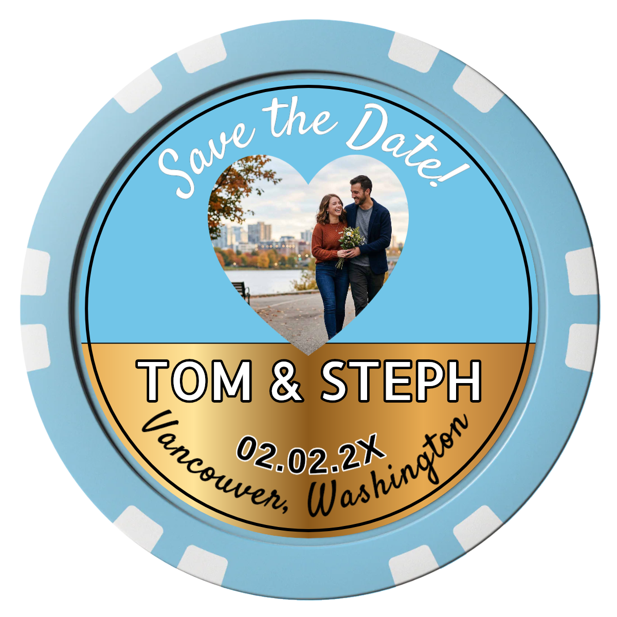 Save the Date Hearts Composite Poker Chips - Light Blue / Double Stripe - Front