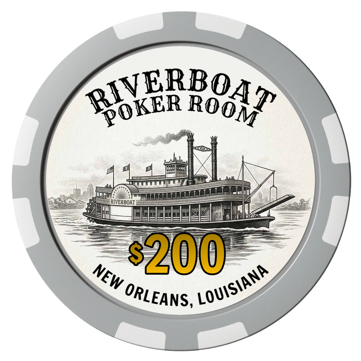 Riverboat Poker Room Composite Poker Chips - Gray / 8 Stripe - Front