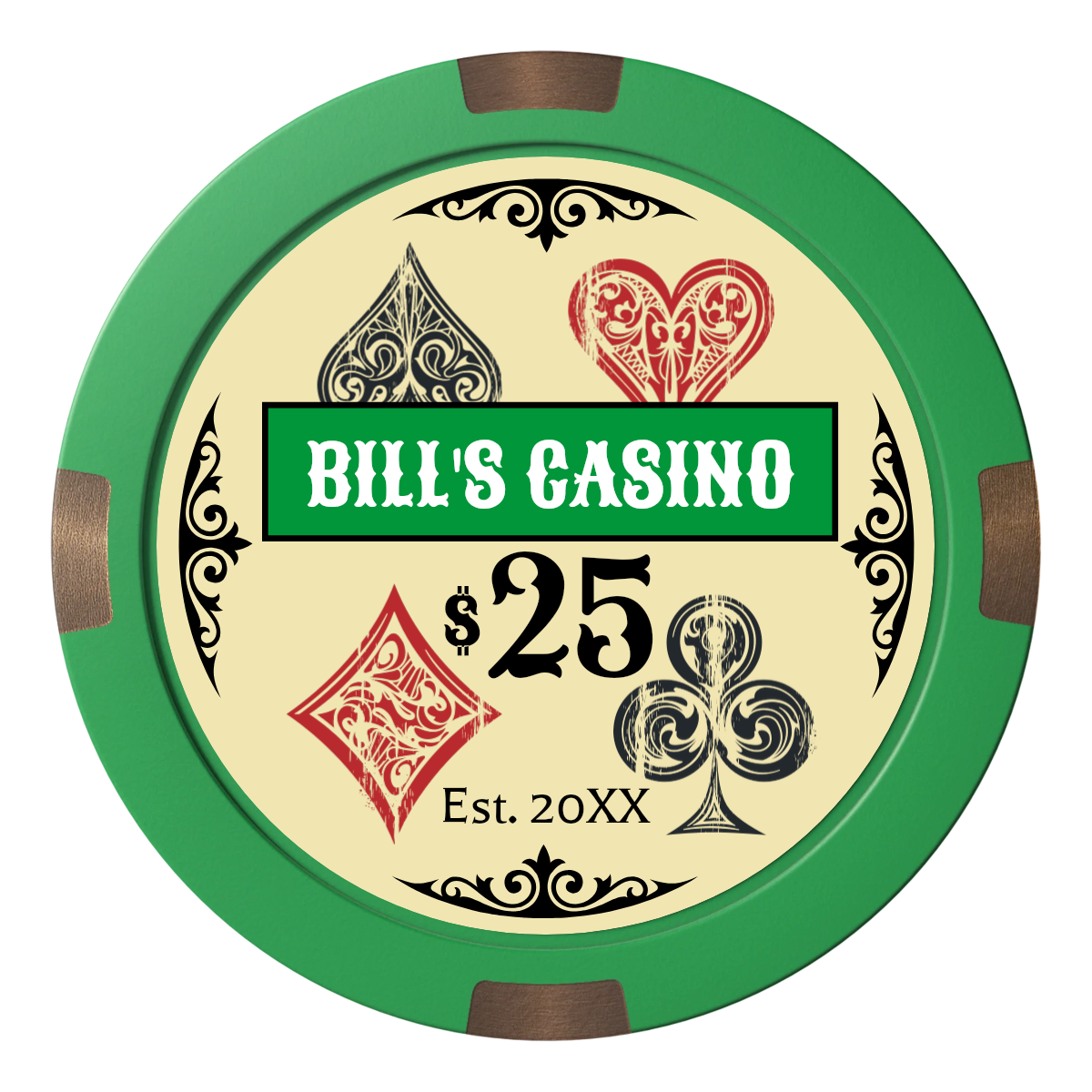 Vintage Four Suits Composite & Metal Hybrid Poker Chips - Green - Back