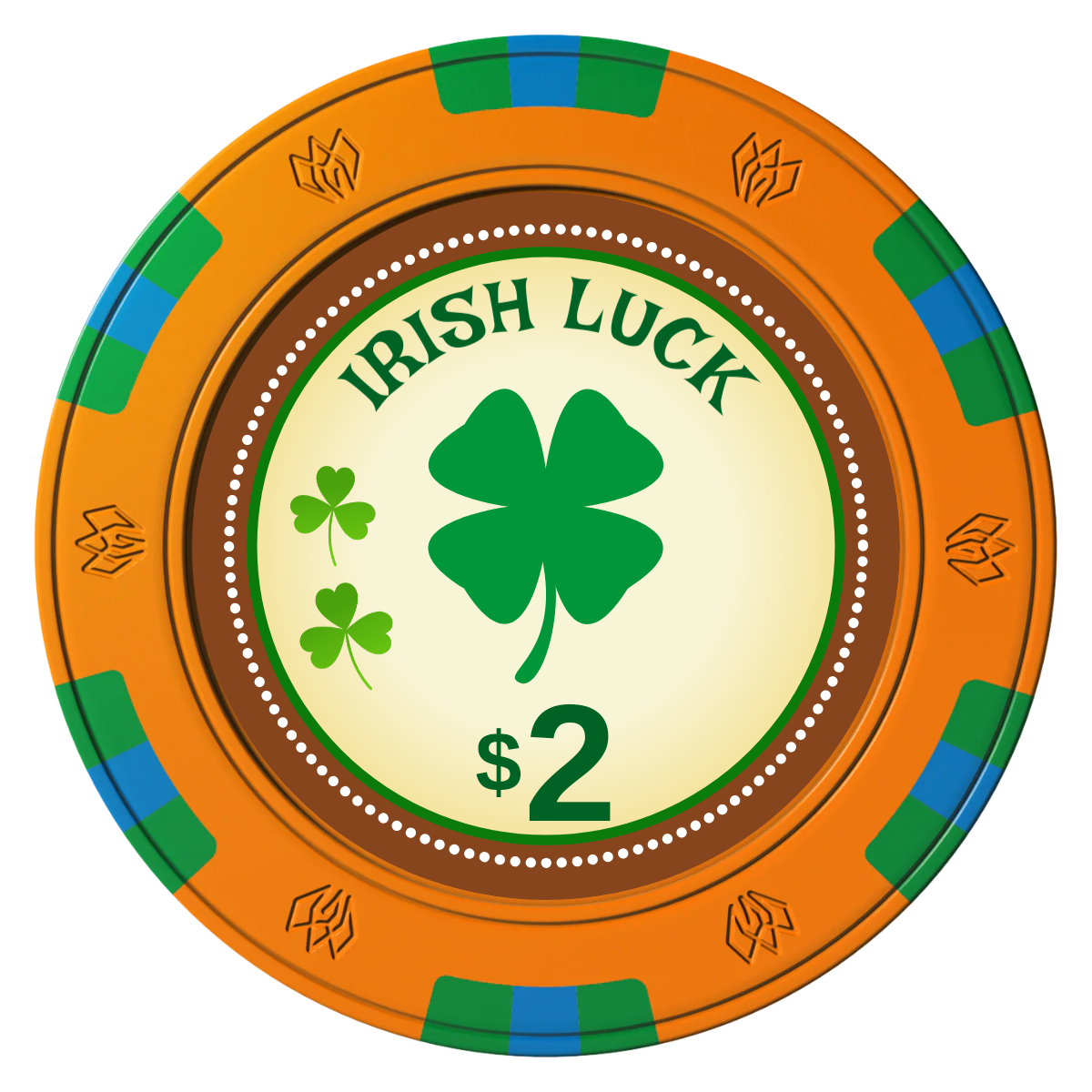 Irish Luck Clay Poker Chips - Orange / 6 Spot Gem / 43mm - Front