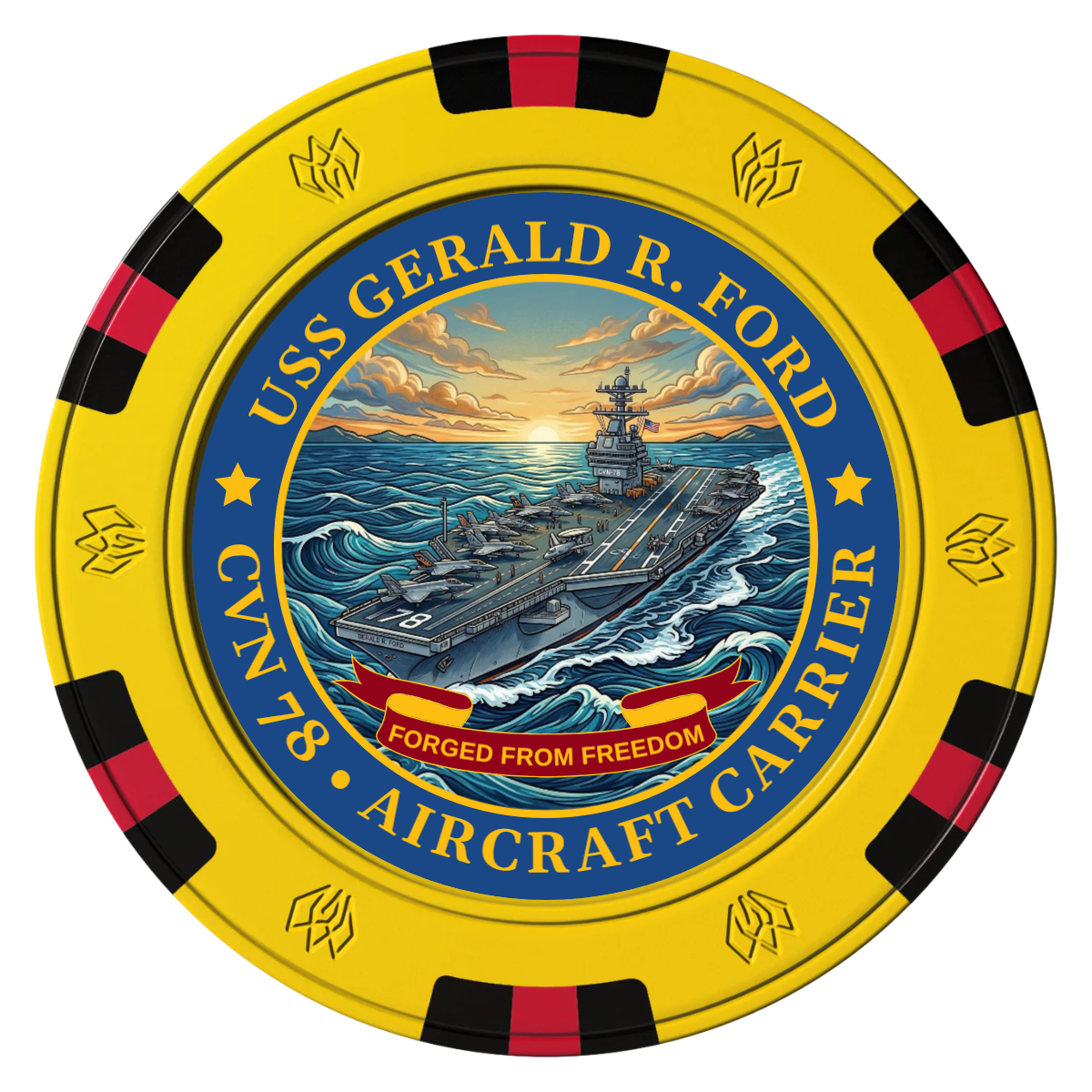 Navy USS Gerald Ford Clay Poker Chips - Yellow / 6 Spot Gem / 43mm - Front