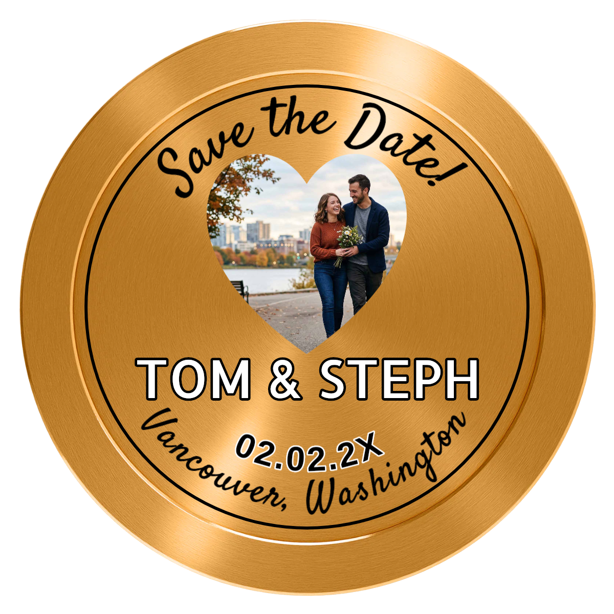 Save the Date Hearts Aluminum Poker Chips - Gold - Front