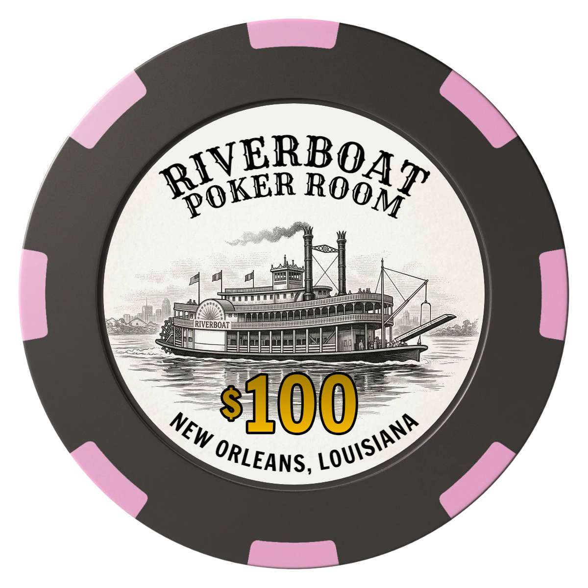 Riverboat Poker Room Clay Poker Chips - Black / 8 Spot (2 Tone) / 40mm - Front