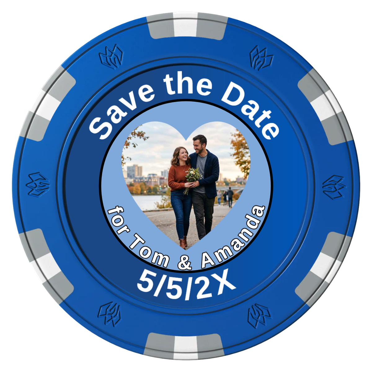 Save the Date #01 Clay Poker Chips - Blue / 6 Spot Gem / 40mm - Front
