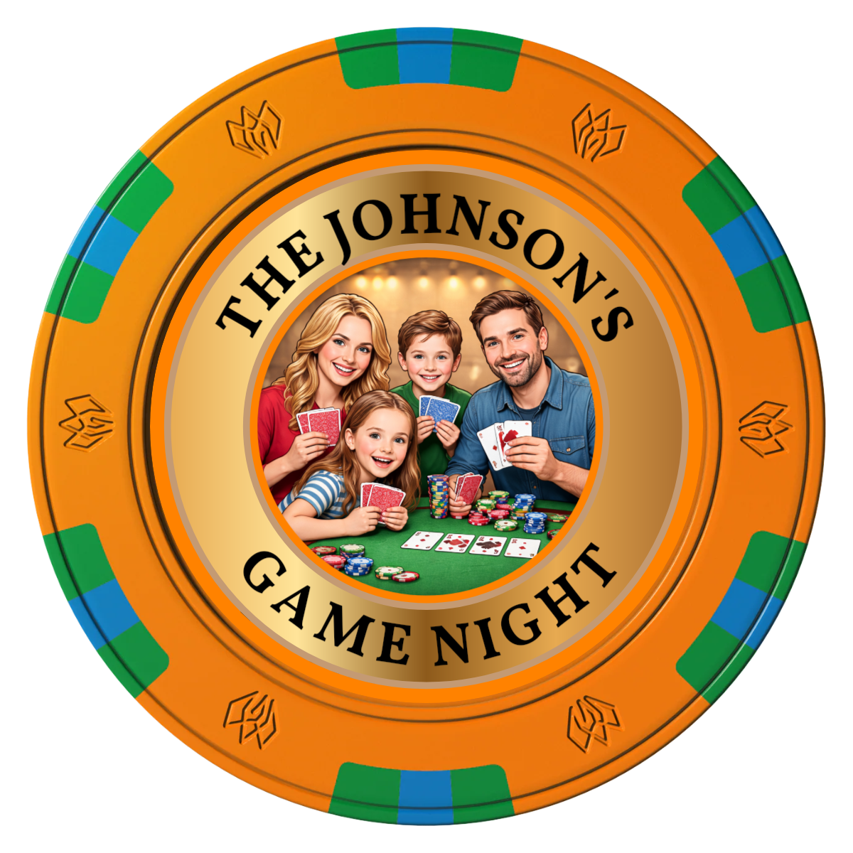 Family Game Night Clay Poker Chips - Orange / 6 Spot Gem / 43mm - Front