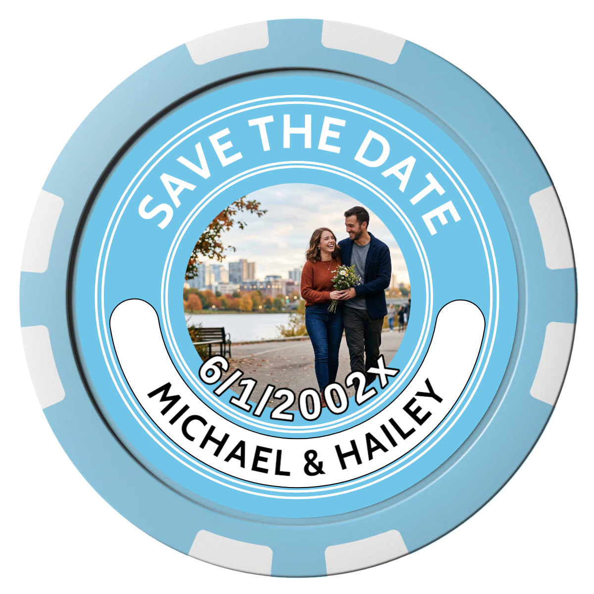 Save the Date Photo QR Code Composite Poker Chips - Light Blue / 8 Stripe - Front