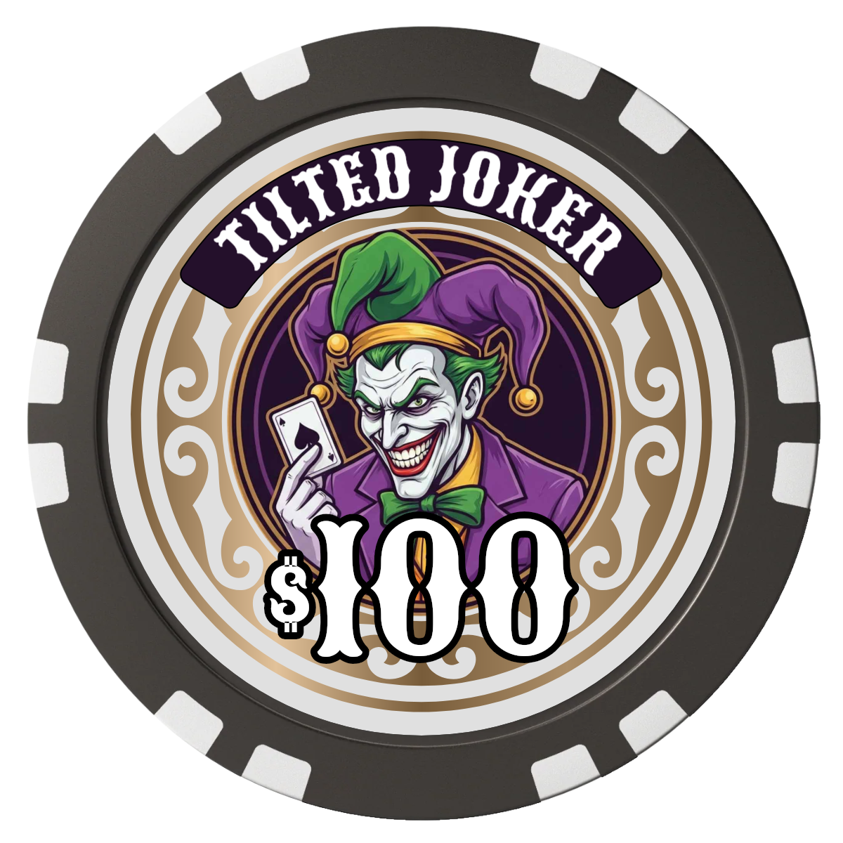 Tilted Joker Composite Poker Chips - Black / Double Stripe - Front
