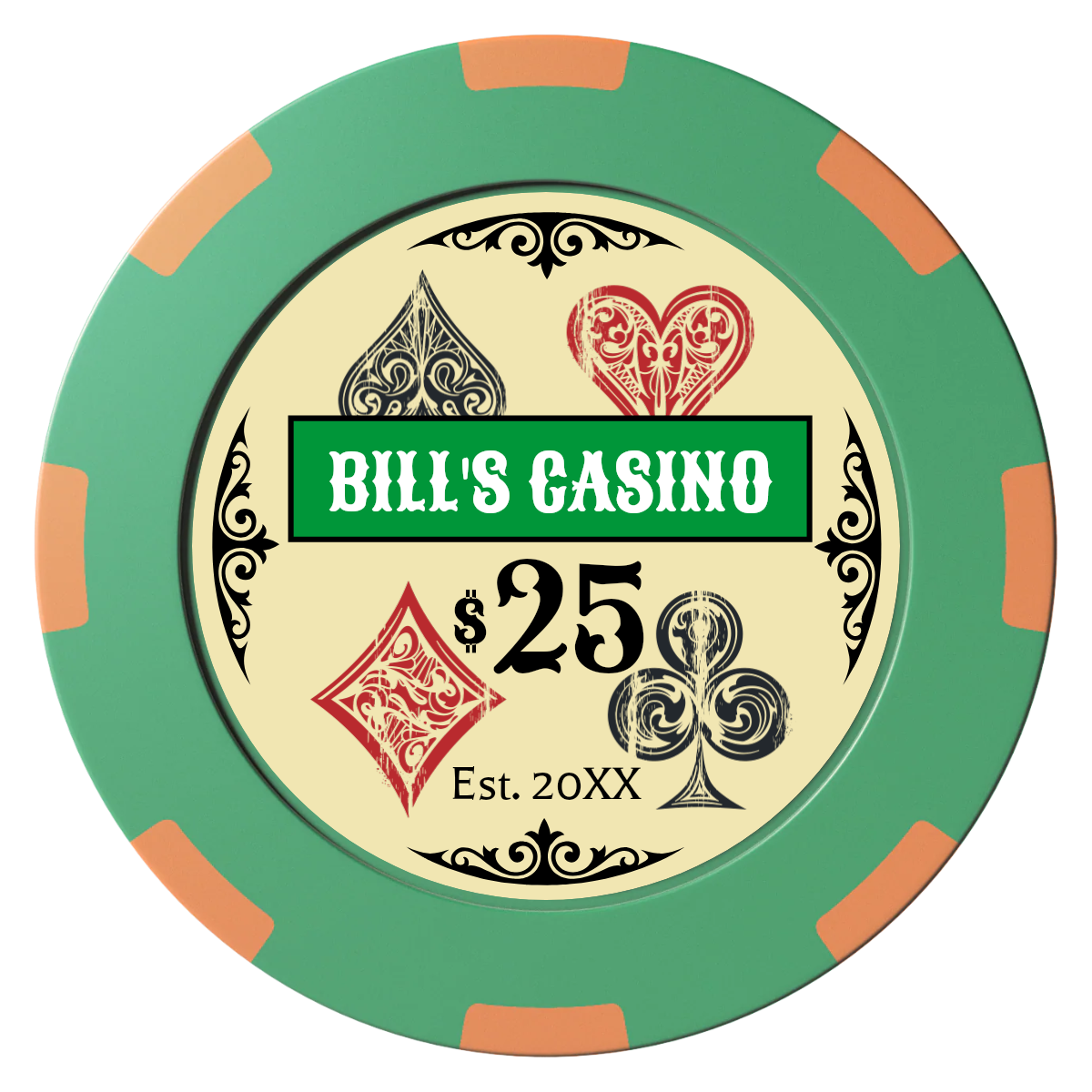 Vintage Four Suits Clay Poker Chips - Green / 8 Spot (2 Tone) / 40mm - Front