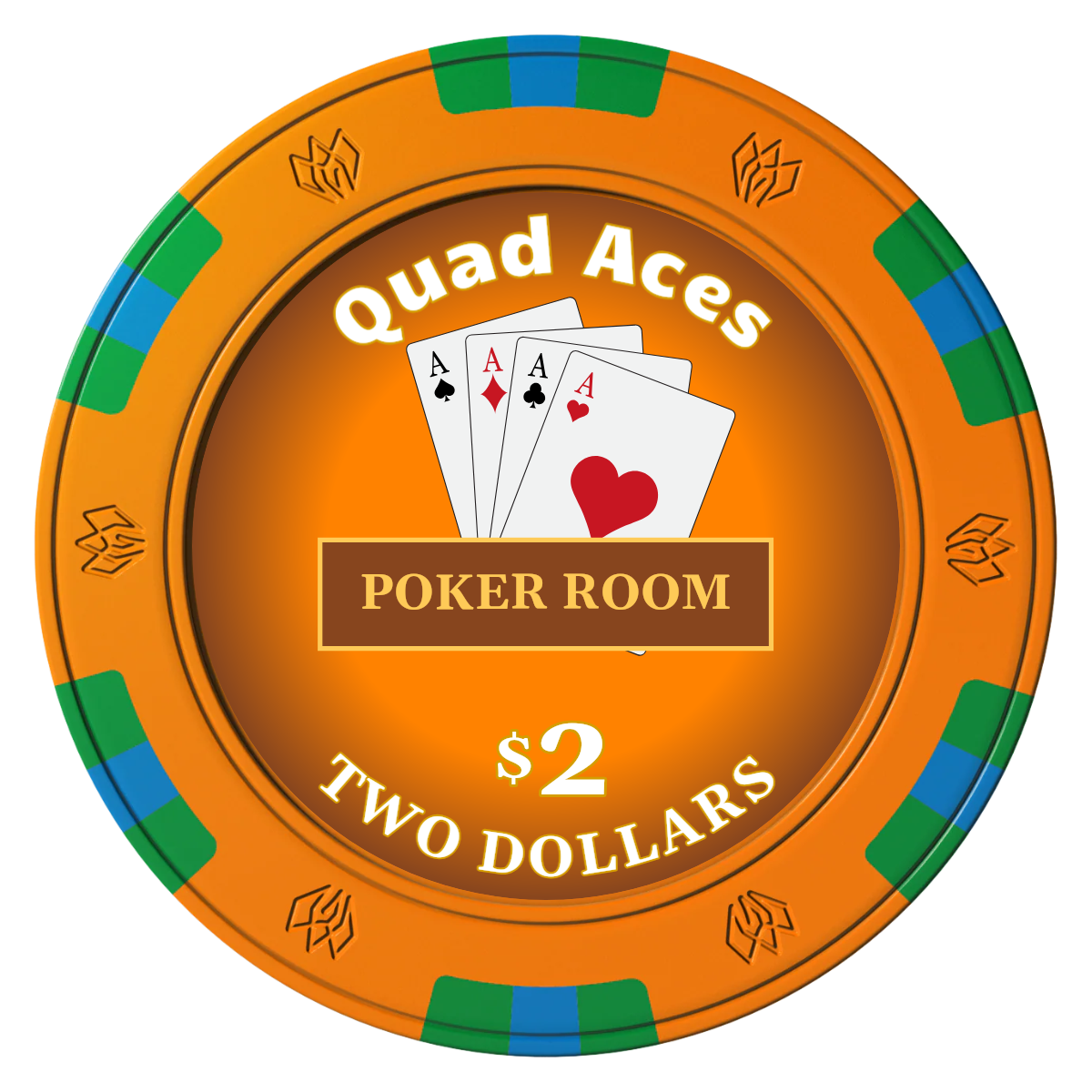 Quad Aces Clay Poker Chips - Orange / 6 Spot Gem / 43mm - Front