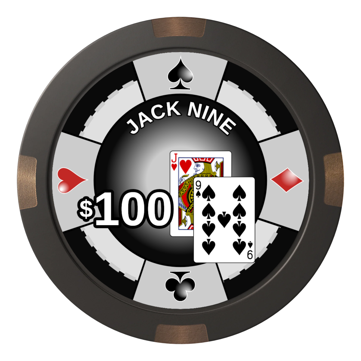 Jack Nine Card Room Composite & Metal Hybrid Poker Chips - Black - Front