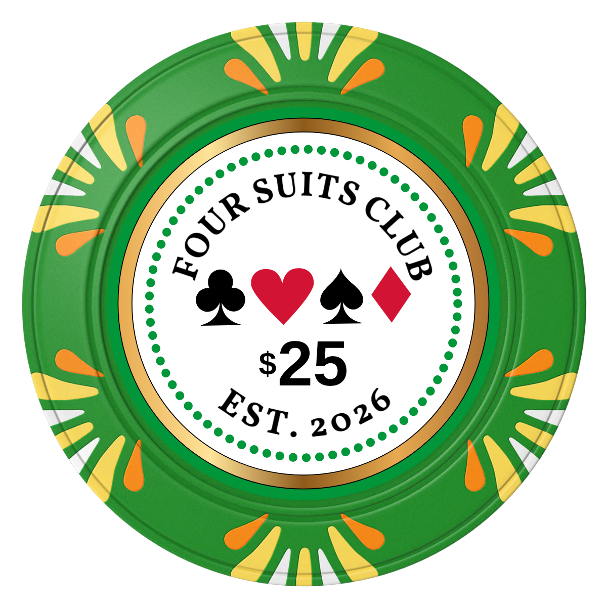 Fours Suits Club Clay Poker Chips - Green / Macau / 40mm - Front