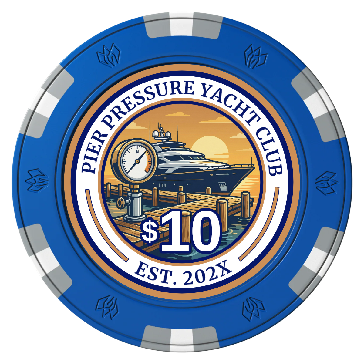 Anchor Down Card Room Clay Poker Chips - Blue / 6 Spot Gem / 40mm - Front