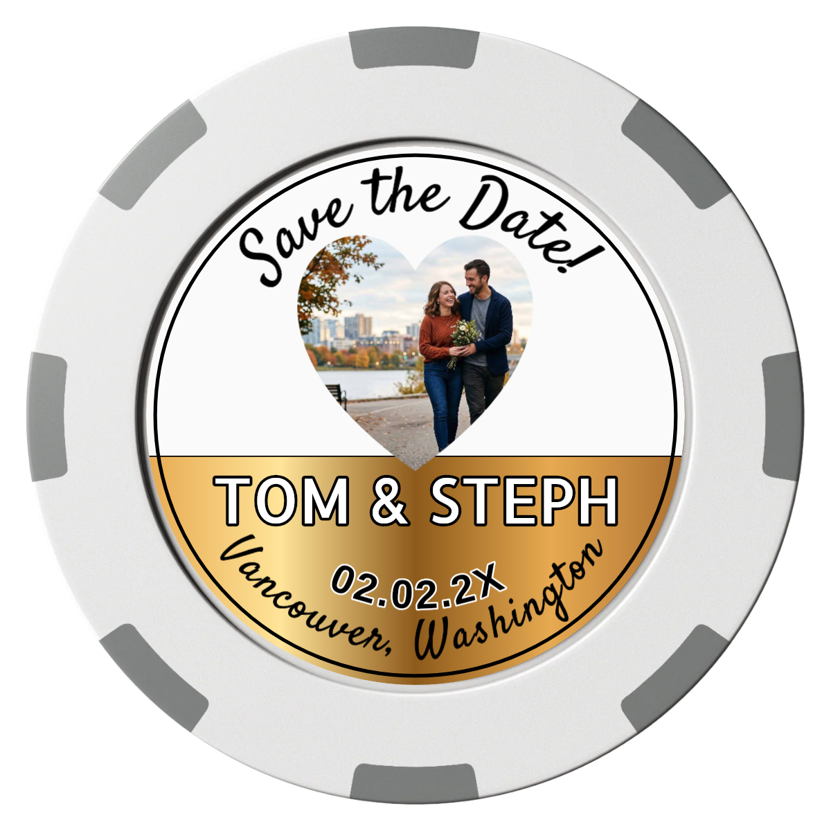Save the Date Hearts Clay Poker Chips - White / 8 Spot (2 Tone) / 40mm - Front