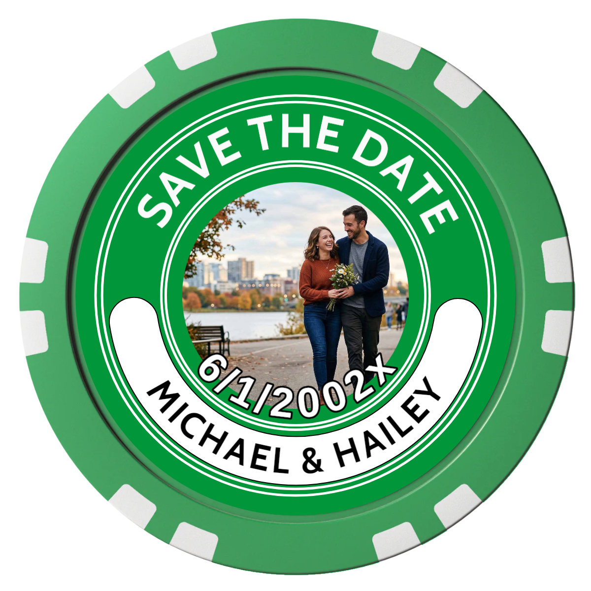 Save the Date Photo QR Code Composite Poker Chips - Green / Double Stripe - Front