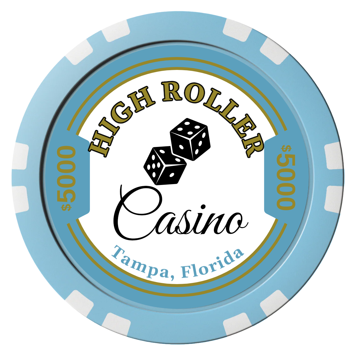 High Roller Casino Composite Poker Chips - Light Blue / Double Stripe - Front