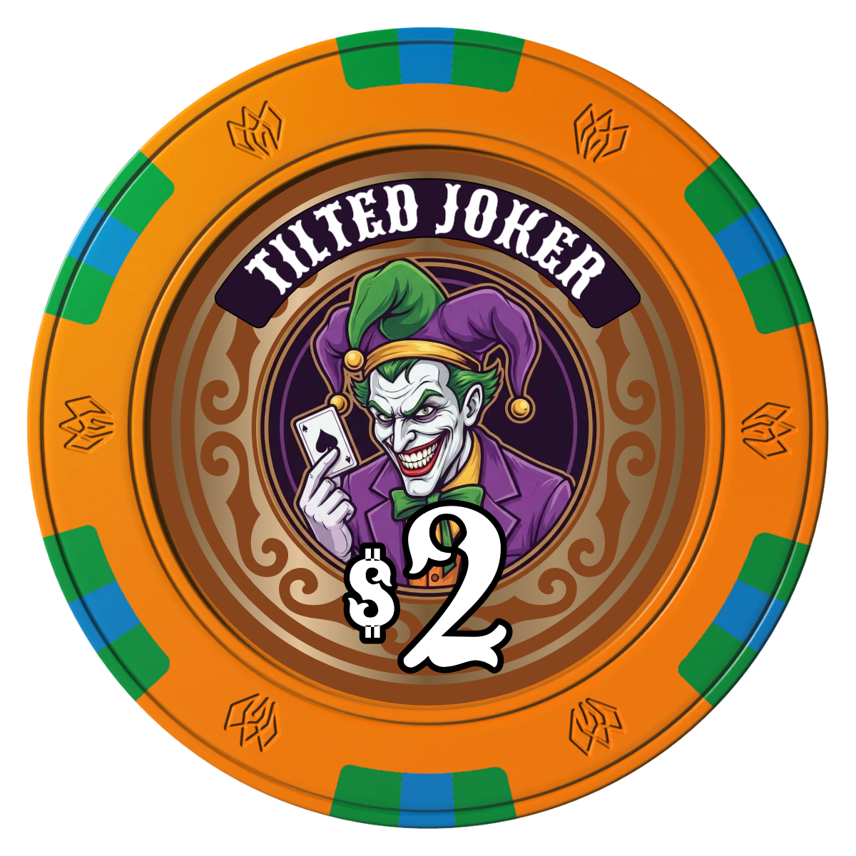 Tilted Joker Clay Poker Chips - Orange / 6 Spot Gem / 43mm - Front