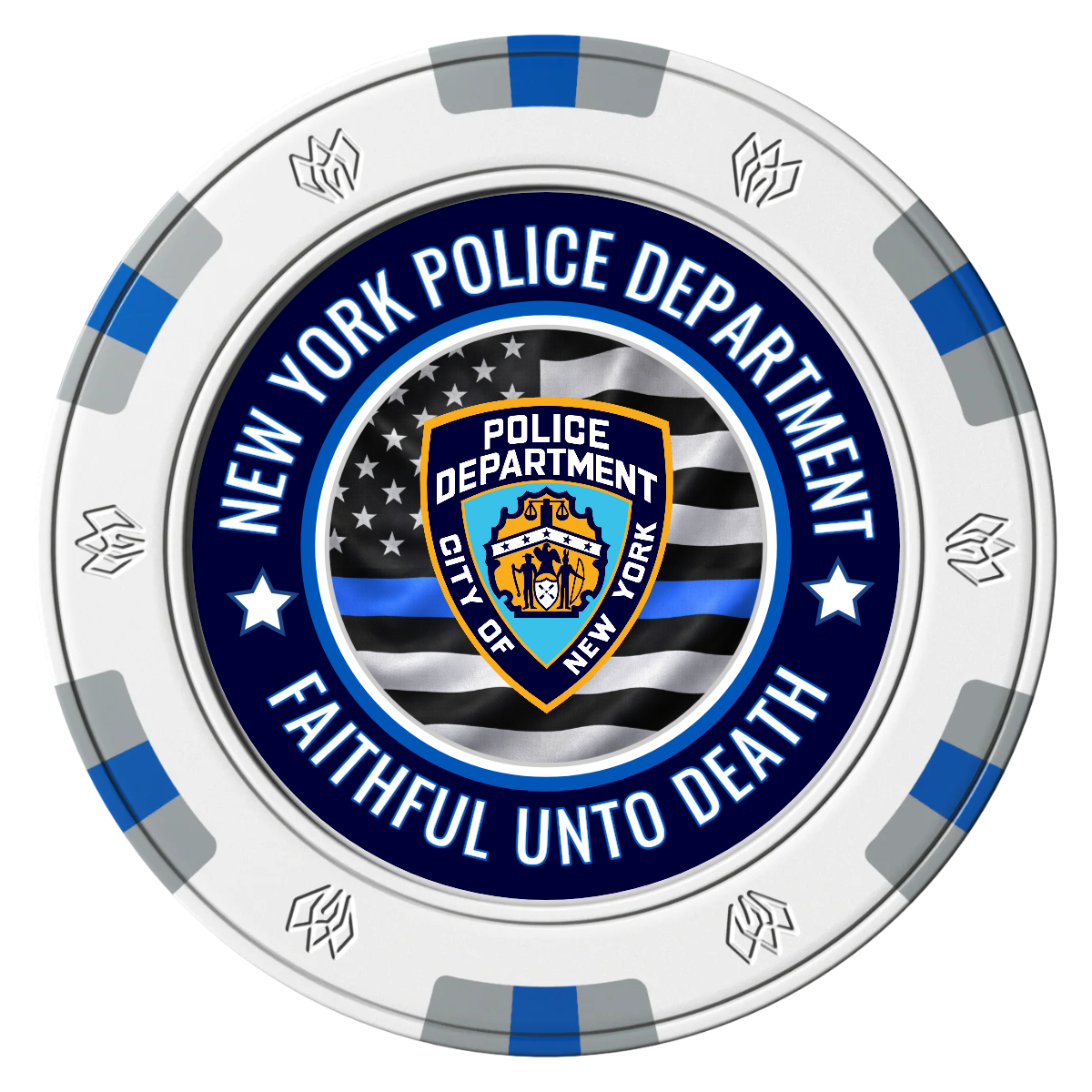 NYPD Safe and Fair Clay Poker Chips - White / 6 Spot Gem / 43mm - Front