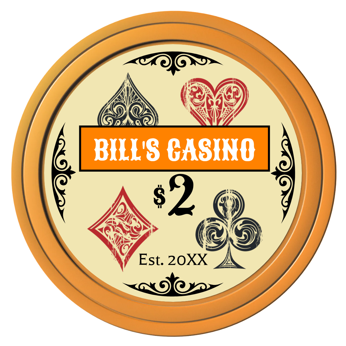 Vintage Four Suits Composite Poker Chips - Orange / Solid - Front