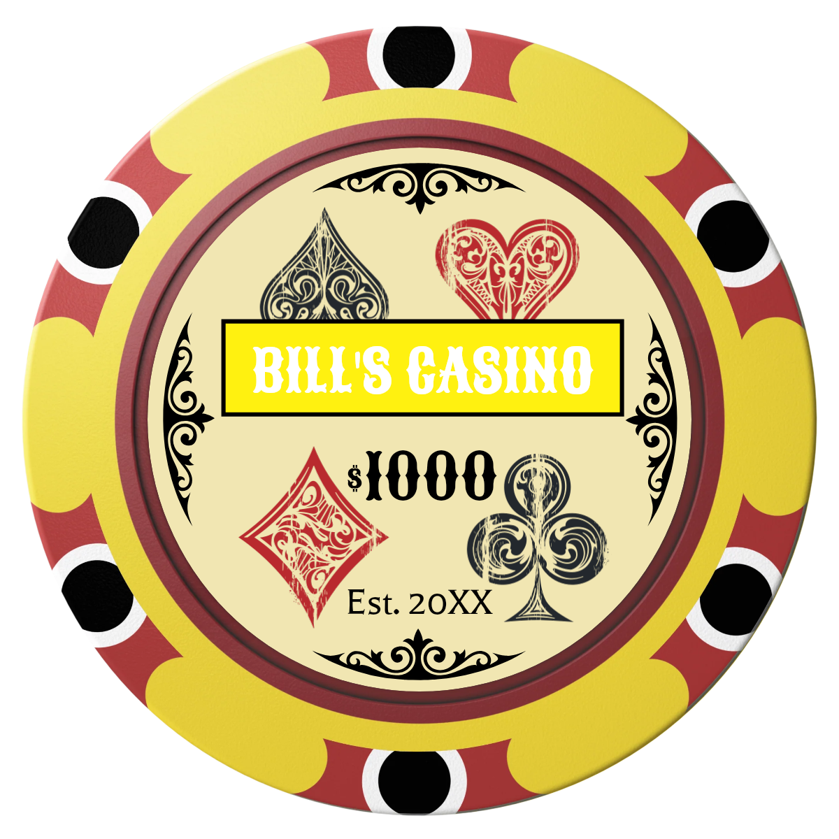 Vintage Four Suits Clay Poker Chips - Yellow / Monte Carlo / 40mm - Front
