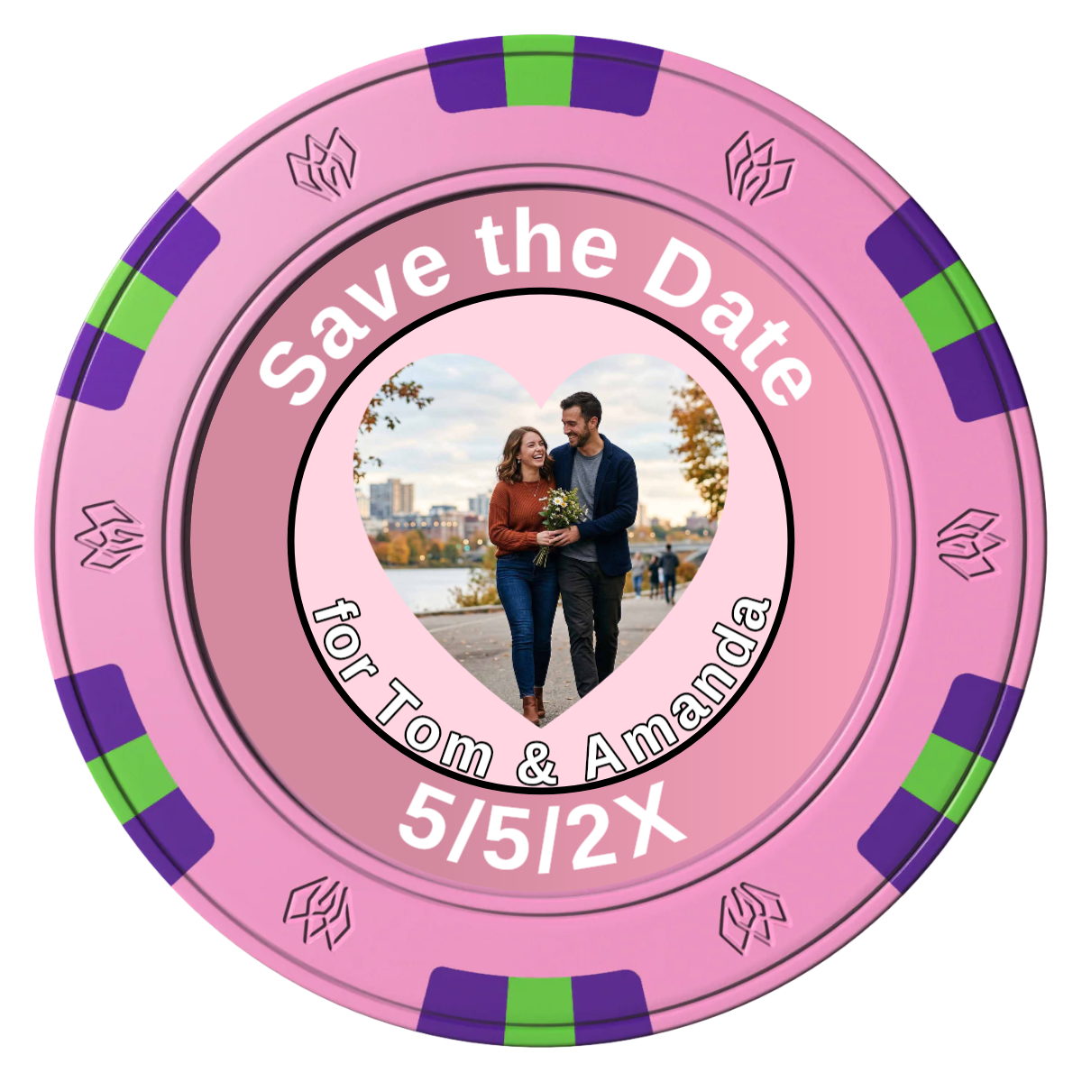 Save the Date #01 Clay Poker Chips - Pink / 6 Spot Gem / 40mm - Front