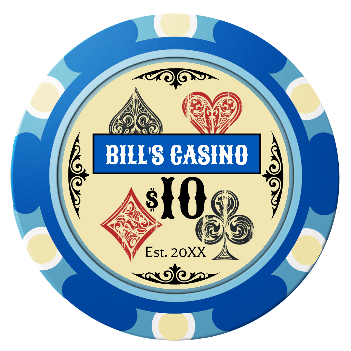 Vintage Four Suits Clay Poker Chips - Blue / Monte Carlo / 40mm - Front