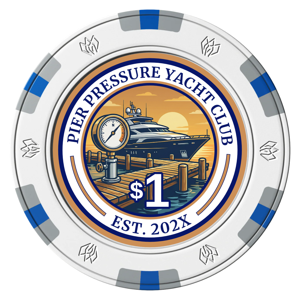 Anchor Down Card Room Clay Poker Chips - White / 6 Spot Gem / 40mm - Front