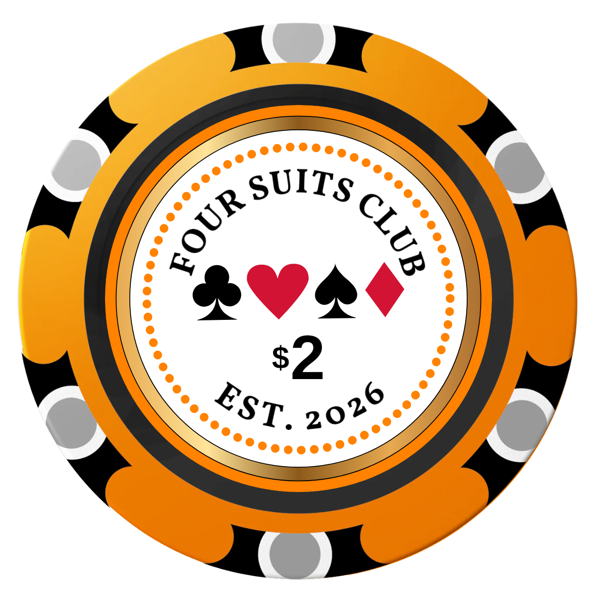 Fours Suits Club Clay Poker Chips - Orange / Monte Carlo / 40mm - Front