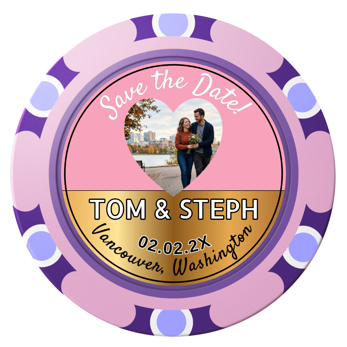 Save the Date Hearts Clay Poker Chips - Pink / Monte Carlo / 40mm - Front